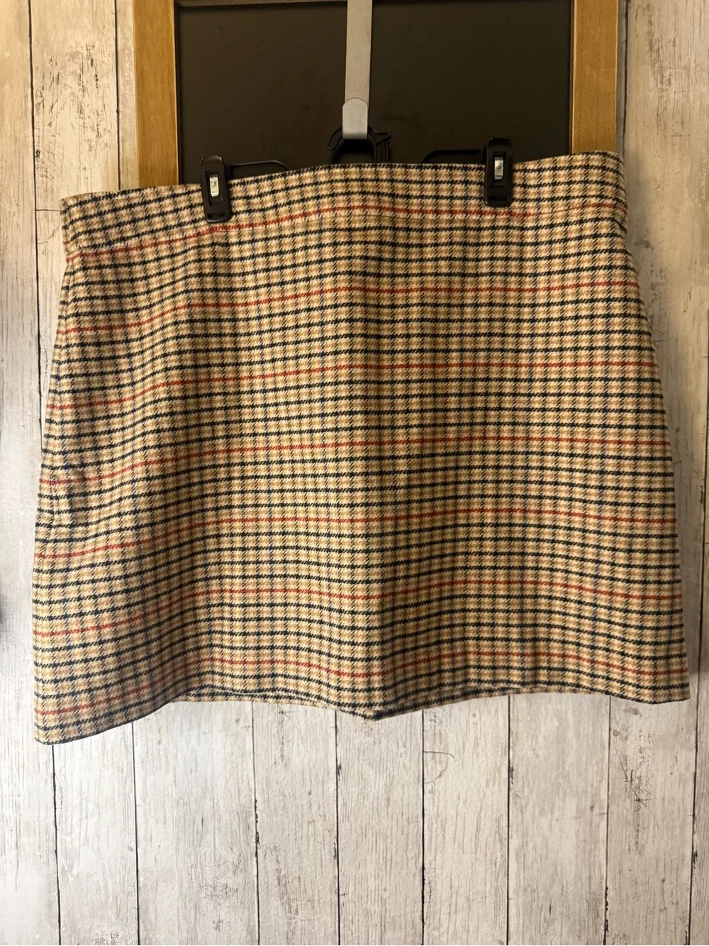 J. Crew Factory Wool Blend Mini Skirt Houndstooth Tan Plaid 20 Academia Preppy